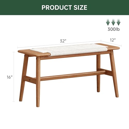 100% Solid Oak Farmhouse Entryway Bench, Wooden Bench Indoor with Hand Woven Rope Surface Design, Wood Bench for End of Bed with Solid Structure(Off-White, 31.49" Wx11.81 Dx15.98 H) - color: White, size: 31.49"