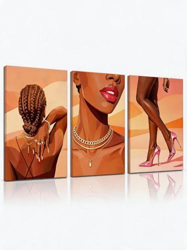 RYZopmuy Black Girl Wall Art Set of 3 Modern Black Female Painting Pictures | African American Black Women Canvas Posters Black Female Painting Pictures for Bedroom Living Room Bathroom 12x16in - color: African American women, size: 16L"x12W"