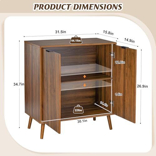 LYNCOHOME Fluted Sideboard Buffet Cabinet with Storage, 2 Doors with Solid Wood Feet for Kitchen, Hallway - size: 15.8"D x 31.5"W x 34.6"H