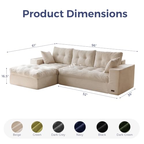 MAXYOYO Boneless Couch, 96-Inch L-Shaped Cloud Couch with Ottoman | Beige Layered Cushioning and Flexible Modules Create an Upholstered Sofa in a Box with No Assembly for Spacious Living Rooms. - color: Beige, size: 96" L Shape