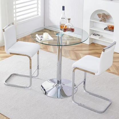 gopop 3 Piece Dining Table Set for 2, Modern Round Glass Counter Height Pub Table, Compact High Top with Bar Stools Pub Dining Set for Kitchen, Breakfast Room, Dining Room. (White, 3 Piece) - color: White