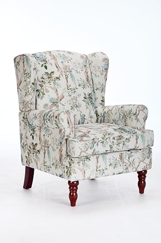 GDFStudio Modern Wingback Accent Chair with Solid Wood Legs and Cushion, Comfy Upholstered Floral Pattern Armchair, Retro Leisure Single Sofa Chair for Living Room Bedroom Home, Antique Blue 1 - color: Antique Blue 1