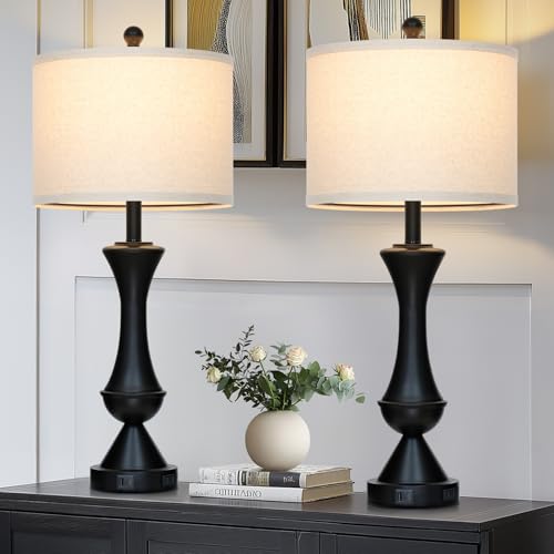 29" Black Tall Table Lamps for Living Room, Touch Control Bedroom Lamp with USB A+C Ports, 3-Way Dimmable Bedside Table Lamps Set of 2, Modern Metal Lamp for Nightstand - color: Black-2Pack