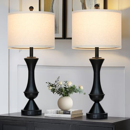29" Black Tall Table Lamps for Living Room, Touch Control Bedroom Lamp with USB A+C Ports, 3-Way Dimmable Bedside Table Lamps Set of 2, Modern Metal Lamp for Nightstand - color: Black-2Pack