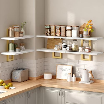 HOOBRO Floating Shelves, 15 Inch Wall Shelf Set of 3, Wall Mounted Storage Shelves 2-Tier, Hanging Bathroom Shelves, for Living Room, Bedroom, Bathroom, Kitchen, White and Gold DW32BJP301 - color: White + Gold
