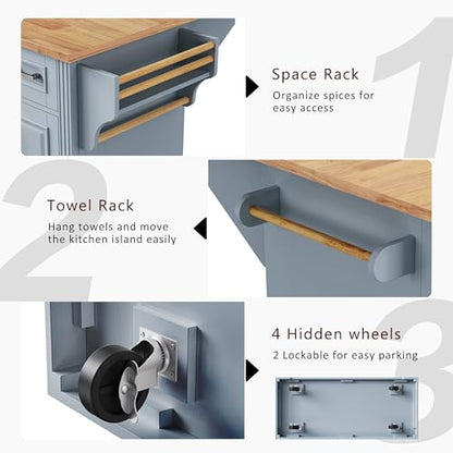 54inch Large Kitchen Island with Rubber Wood Drop Leaf,Embossed Texture Rolling Kitchen Cart On 4 Wheels with 4 Doors and 3 Drawers, Storage for Dining Room (Grey Blue-0t) - color: Grey Blue-0t)