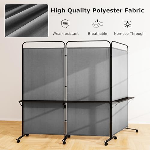 Giantex 3 Panel Room Divider with Wheels and Shelves, 103" W x 74" H Folding Privacy Screen, Rolling Partition Separator for Home Office Studio, Fabric Wall Divider for Room Separation (Gray) - color: Grey