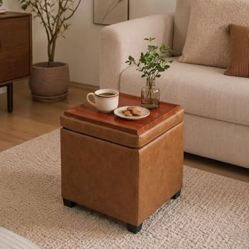 15 inch Square Storage Ottoman with Tray Lid,Modern Tufted Faux Leather Cube Coffee Table with Storage,Upholstered Ottoman with Removable Top for Living Room, Bedroom - color: Faux Leather -Taupe Brown With Tray