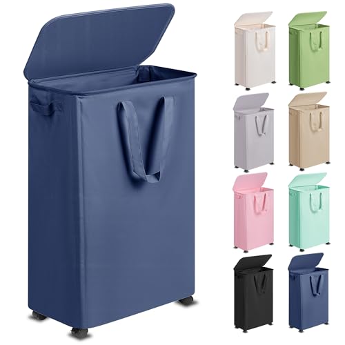 Vincona Slim Laundry Hamper with Lid and Wheels, Small Rolling Laundry Basket with Handle for Small Spaces, Tall Dirty Clothes Hampers for Dorm, Bathroom and Bedroom, 75L Blue - color: Blue, size: 75L