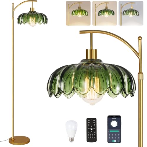 QIYIZM Glass Floor Lamp for Living Room,Bedroom,Gold Dimmable Standing Lamp with Remote,Mid Century Modern Brass Tall Lamp Boho Vintage Retro Floor Lamps Arc Green Flower Floor Light Lamp Bohemian - size: 02-Floor Lamp