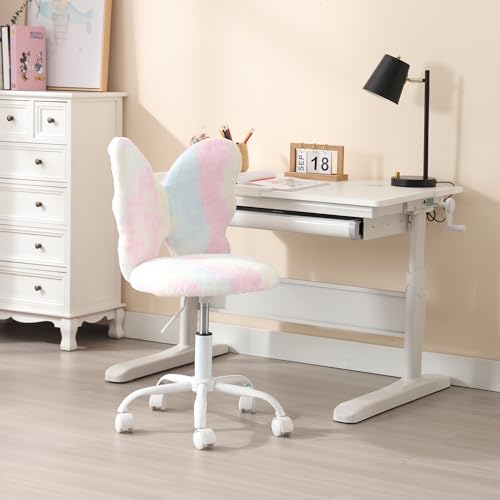 chairus Kids Desk Chair Butterfly Faux Fur Study Chair for Teenage Girls Adjustable Kids Vanity Chair for Bedroom Reading Living Room, Small Cute Student Task Chair with White Foot, Macaron - color: Butterfly, Macaron