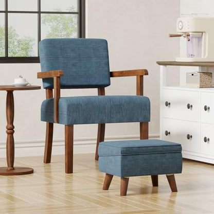 Accent Chairs Set of 2, 2 Solid Wood Armchairs with Side Table | Living Room Chairs with Soft Thicken Cushion, Comfy Reading Chair for Bedroom, Waiting Room, Home Office, Easy Assembly - color: Linen Blue, size: Set of 2 with table