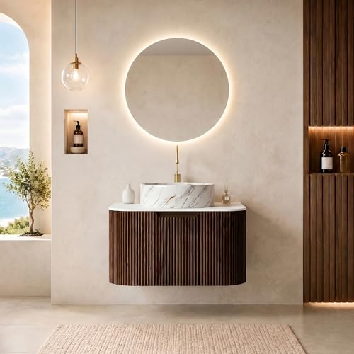24” Floating Bathroom Vanity with Sink, Fluted Wall-Mounted Solid Wood Cabinet, White Marble-Pattern Ceramic Basin, Faux Marble Top, Soft-Close Drawer, Pre-Assembled, Walnut Woodgrain - color: 03 - Walnut Woodgrain, size: 24"
