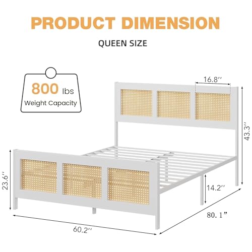 GarveeHome Rattan Queen Size Bed Frame with Headboard, White | Boho Bed Frame with Strong Metal Slat, Noise Free, No Box Spring Needed - color: White/Natural, size: Queen (No Drawers)