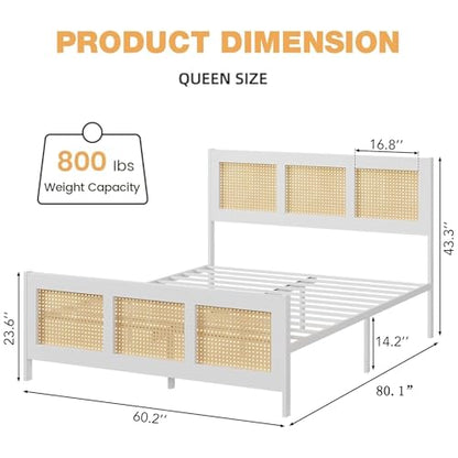 GarveeHome Rattan Queen Size Bed Frame with Headboard, White | Boho Bed Frame with Strong Metal Slat, Noise Free, No Box Spring Needed - color: White/Natural, size: Queen (No Drawers)