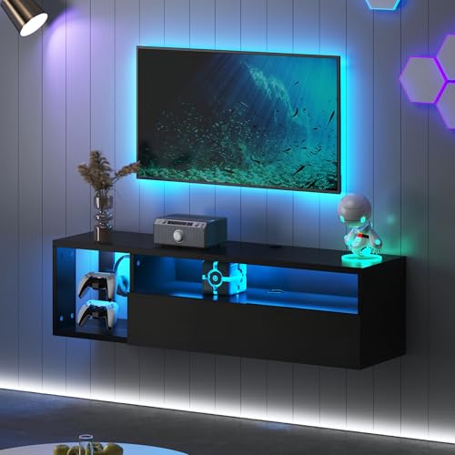 DlandHome 39.3" W Floating TV Stand with LED, Wooden Entertainment Center | Wall-Mounted Media Console, Floating Shelf for Under TV Wall Mount with Storage Shelves for Bedroom Living Room, Black - size: 39.3'' Black