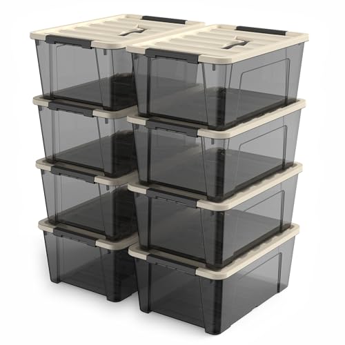 8 Pack Clear Black Plastic Storage Bins with Khaki Lids, Small Latching Storage Boxs with Handle, Stackable Containers for Organization (5 Quart) - color: Khaki