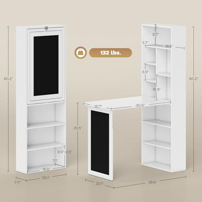 Foldable Wall Mounted Desk with Storage Shelves & Blackboard, Fold-Out Convertible Writing Table for Small Spaces | Space-Saving Floating Computer Desk for Home Office (White) - color: White