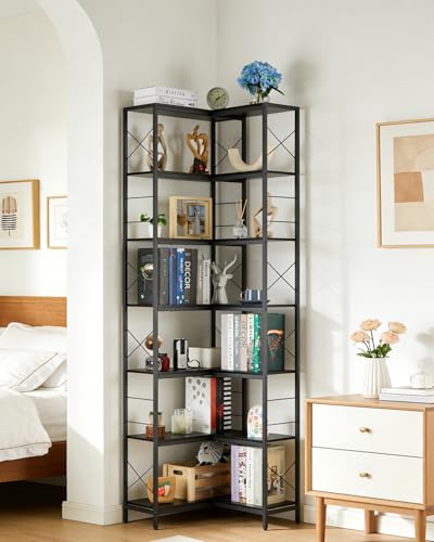 Garvee Corner Shelf, 7 Tier Industrial Corner Bookshelf, Wood and Metal Frame Large Bookcase, Freestanding Display Shelf for Living Room, Kitchen, Home Office, Rustic Brown