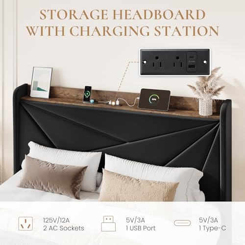 SHA CERLIN Full Bed Frame, Storage Headboard with Drawers, Charging, Black | Velvet Upholstered Bed, Modern Wingback Headboard, 3 Drawers, USB Charging Station, No Box Spring Needed, Easy Assembly - color: Black, size: Full