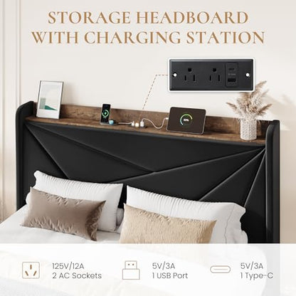 SHA CERLIN Full Bed Frame, Storage Headboard with Drawers, Charging, Black | Velvet Upholstered Bed, Modern Wingback Headboard, 3 Drawers, USB Charging Station, No Box Spring Needed, Easy Assembly - color: Black, size: Full
