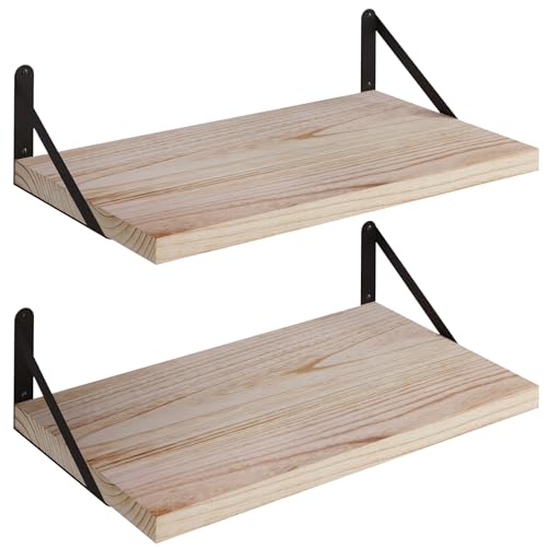 SAUMONIER Floating Shelves Bookshelf for Bedroom Bathroom Living Room Wood Wall Mounted Wide Deep Storage, Rustic Torched 24 Inch Shelves Set of 2 - color: Rustic Torched, size: 24 Inch