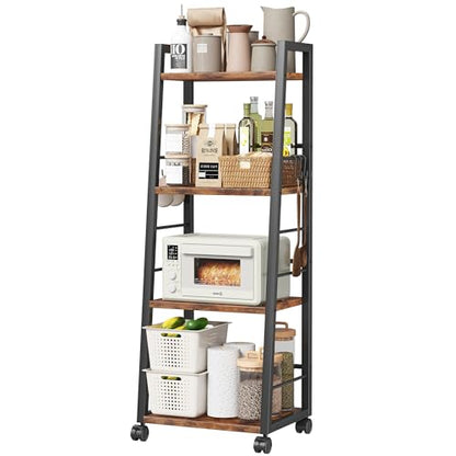 Homeiju 4 Tier Kitchen Storage Cart with Lockable Wheels & 6 Hooks, Mobile Utility Organizer Rolling Cart for Small Spaces, Bar Cart for Kitchen and Living Room, Rustic Brown