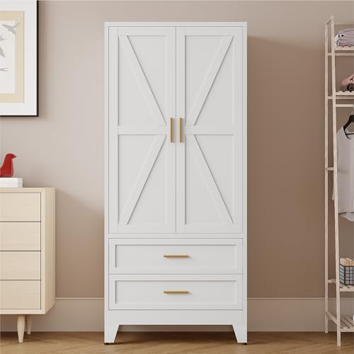 71" Tall Metal Armoire Wardrobe Closet,17.7" Deep By 31.5" Wide Portable Closet for Hanging Clothes,Wardrobe Cabinet with Drawers and Shelves for Bedroom Office Garage,White 1 Pack - color: White, size: 17.7"D x 31.5"W x 71"H-3