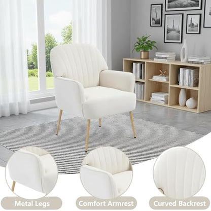 GDFStudio 25" Velvet Accent Chair with Arms and Back, Modern Shell-Shaped Upholstered Barrel Chairs, Small Comfy Reading Chair Lounge Chairs with Solid Legs for Living Room Bedroom Office Cafe, Beige - color: Beige
