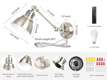 GOODATE 1 Pack Plug in Wall Sconce with Remote Control, Dimming, Adjustable Colors 2700K-6500K, Plug in Wall Light, Swing Arm Wall Lamp with Night Light & Timer, LED Bulb Included, Brushed Nickel - size: Brushed Nickel-1 PACK(Bulb+Remote)