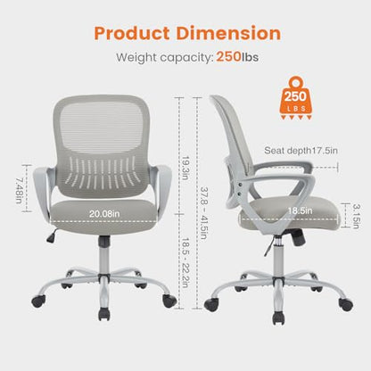 Sweetcrispy Executive Home Office Chair, Mesh Office Chair, Grey | Ergonomic Executive, Adjustable Height, 360° Swivel Wheels, Mid-Back, Comfy Arms, Bedroom, Study, Student - color: Grey, size: 18.5"D&Fixed Arm-Plus