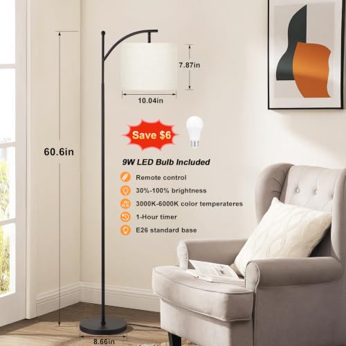 60" Floor Lamp with Remote and Stepless Dimmable Bulb, Black Pole | Colors Temperature and Brightness Adjustable, Foot Switch, Remote Control, Beige Shade, Modern Floor Lamp for Living Room - color: A：beige & black, size: 61 inches