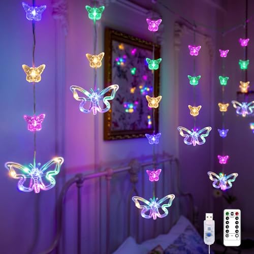 YOLIGHT Butterfly Curtain Lights for Bedroom 9.8ft LED Twinkle Fairy Light with Remote Timer Cute String Lights Wall Décor for Kids Girls Room Bed Canopy Wedding Easter Decoration (Multicolor) - color: Multicolor
