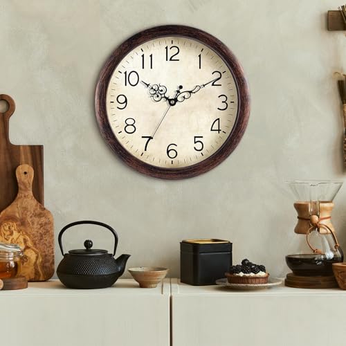 KECYET Wall Clock 14" Vintage Battery Operated Non-Ticking Quartz (Bronze) | Kitchen Clock Living Room Retro Rustic Kitchen Bathroom Home Office Bronze - size: 14 Inch