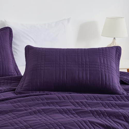 Chezmoi Collection Kingston Queen Size Bedspread Set, 3-Piece Dark Purple Oversized Quilted Microfiber Lightweight Bedspread Coverlet (100"x106") for All Seasons - color: Dark Purple, size: Queen