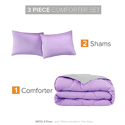 Comfort Spaces Vixie Reversible Comforter Set - Trendy Casual Geometric Quilted Cover, All Season Down Alternative Cozy Bedding, Matching Sham, Lavender/Gray, Full/Queen 3 piece | Down Alternative, All Season, Bedding for Bedroom, Geometric Pattern, Rever