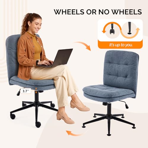 VINGLI Mid Back Armless Office Desk Chair with Wheels/no Wheels,360°Rocking Swivel Vanity Chair with Thickened Cushion,Adjustable Height Rolling for Reading Room, Make up, Linen Navy Blue - color: Navy Blue