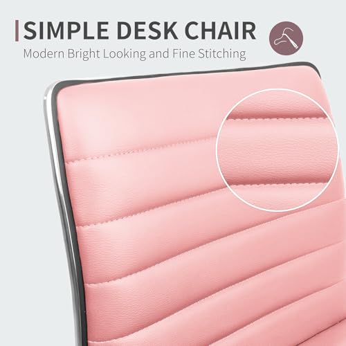 JUMMICO Armless Vanity Office Chair with Wheels, Small Cute Makeup Desk Chair Ribbed Leather Swivel Computer Task Chair (Pink) - color: Pink