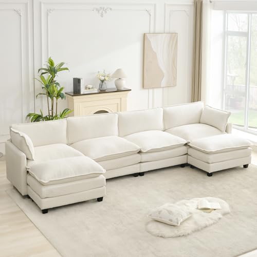 ROWHY Oversized Modular Sectional Couch with 2 Movable Ottoman, 148" Modern Convertible U Shaped Sofa Set, 4 Seat Comfy Cloud Couch with 2 Throw Pillows, for Living Room and Office, Chenille, Beige - color: Chenille Beige, size: 6 Seats U-Shaped