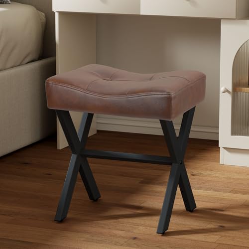 18-Inch Leather Vanity Stool Chair, Dark Brown Makeup Stool | Vanity Bench, Metal X-Leg, Ottoman Accent Stool, Thick Padded Saddle Seat, 300 LBS, 16.3"x12.4"x18", For Bedroom, Closet - size: Small, style: Dark Brown Leather