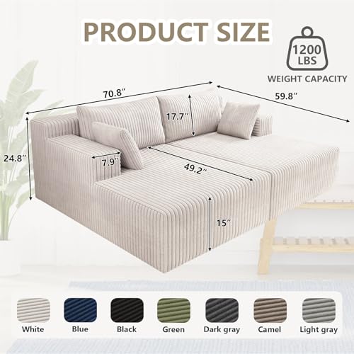 70.8" Oversized Boneless Double Chaise Lounge Chair Indoor, Upholstered Corduroy Cloud Chaise Lounges with 4 Pillows, Modern Deep Seat Loveseat Sleeper Sofa for Living Room Bedroom Apartment, Beige - color: 70.8" Beige