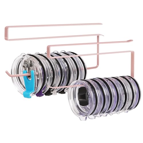 2 Pack Tumbler Lid Organizer, Versatile Storage Holds 20 Lids, Round&Flat | Space Saving Cup Lid Organizers Inside Cabinet Tumbler Lid Hook for Pantry Kitchen Organizer, Paper Towel Rack Hanger, Pink - color: Pink, size: 2 Pack(Round&Flat)