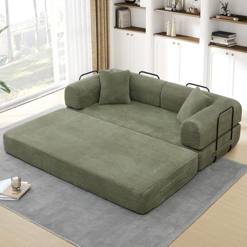 Convertible Folding Sofa Bed, Corduroy Sleeper Mattress Couch with Fixed-Shape Frame, Free Combination Loveseat Lounge Floor Sofa, Queen Size Memory Foam Couch for Living Room, Bedroom, Light Green - color: Light Green
