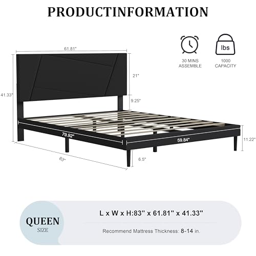 Queen Size Upholstered Bed Frame Frame with Headboard，Velvet Black | Geometric Head Board Platform Bed, Sturdy Wooden Slats, Noiseless No Box Spring Required, Easy to Assemble - color: Black, size: Queen