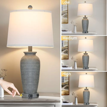 CINSARY 25" Grey Farmhouse Jar Table Lamps, 3 Way Touch Control Rustic Bedside Lamps with USB A+C Ports & AC Outlet, Pot Nightstand Lamps for Bedroom End Table (LED Bulbs Included) - color: Grey-1Pack
