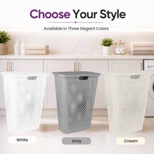 Superio 45L Slim Laundry Hamper with Lid, Perforated Plastic Clothes Basket, Modern Space-Saving Design, Sturdy Laundry Bin with Ergonomic Handles, Grey - color: Grey, size: 1 Pack, style: Laundry Hamper - 45L