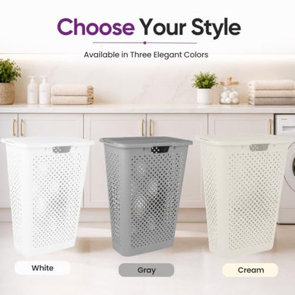 Superio 45L Slim Laundry Hamper with Lid, Perforated Plastic Clothes Basket, Modern Space-Saving Design, Sturdy Laundry Bin with Ergonomic Handles, Grey - color: Grey, size: 1 Pack, style: Laundry Hamper - 45L