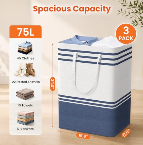 TranquilRelax 3-Pack Laundry Basket, Laundry Hamper, Blue-75L | Freestanding＆Water-Resistant Laundry Hamper, Collapsible Tall Clothes Hamper with Carry Handles for Clothes, Laundry Basket - color: Blue, size: 75L