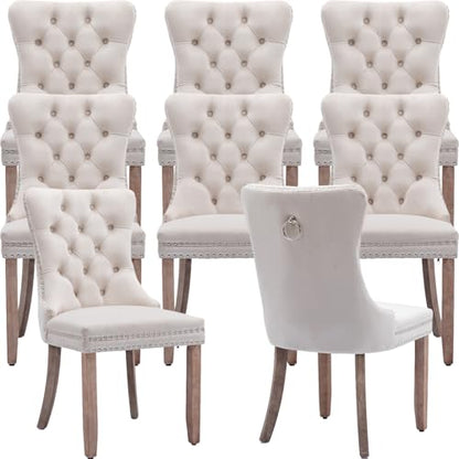 Beige Velvet Dining Chairs Set of 8, Tufted Kitchen & Dining Room Chairs | Eight Fabric Tufted Dinning Chairs, Velvet Upholstered, Wing Back, Metal Pull Ring, Wood Frame, Mid Century Modern - color: A-1 Beige Velvet, Wood Legs, size: 8