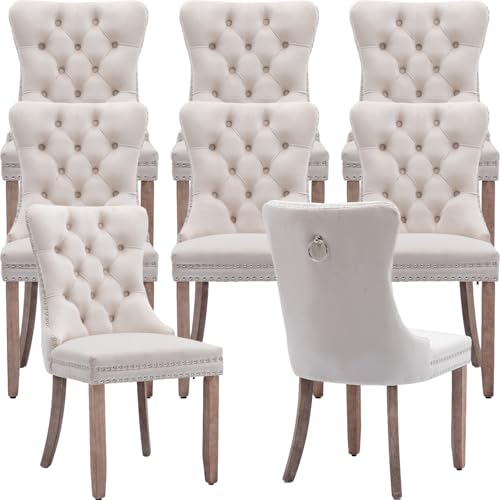 Beige Velvet Dining Chairs Set of 8, Tufted Kitchen & Dining Room Chairs | Eight Fabric Tufted Dinning Chairs, Velvet Upholstered, Wing Back, Metal Pull Ring, Wood Frame, Mid Century Modern - color: A-1 Beige Velvet, Wood Legs, size: 8